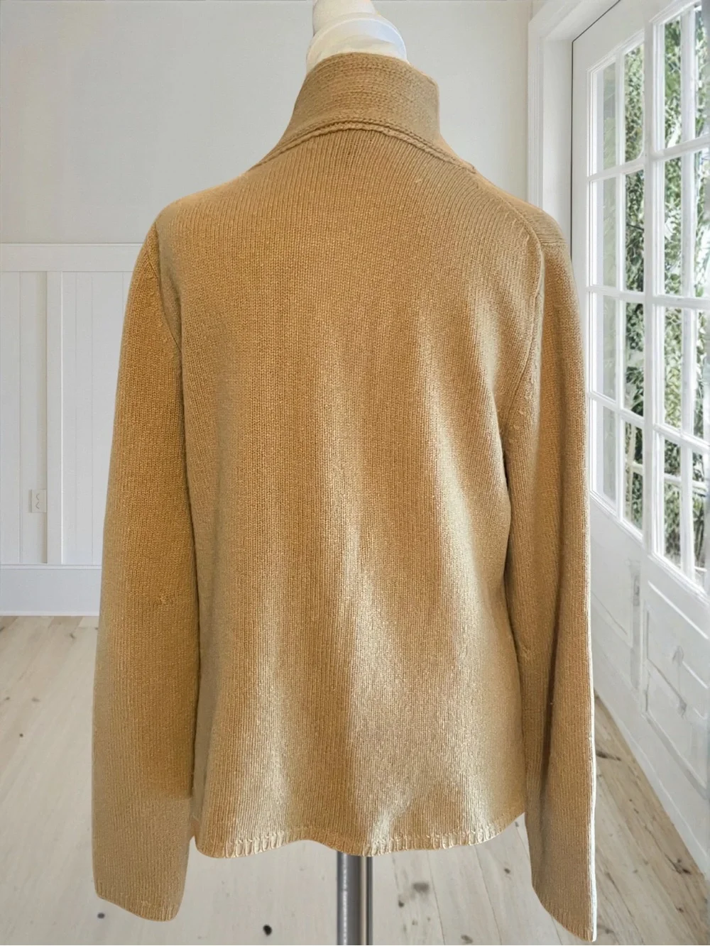 MADISON STUDIO Women's XL Tan 100% Cashmere Shawl Collar Cable Knit Sweater Top - Picture 5 of 15